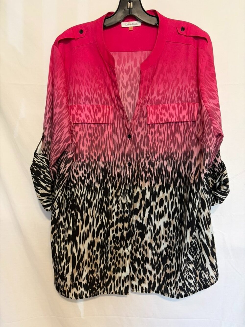 CALVIN KLEIN ~ Pink with Animal Print Adjustable Sleeve 2Pockets Top/Tunic~Sz.1X